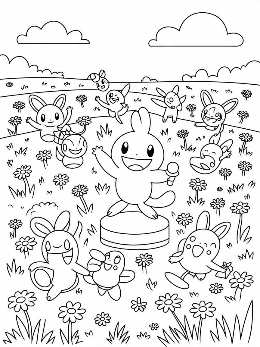 Weedle hosting a contest in a daisy meadow - Free Coloring Page