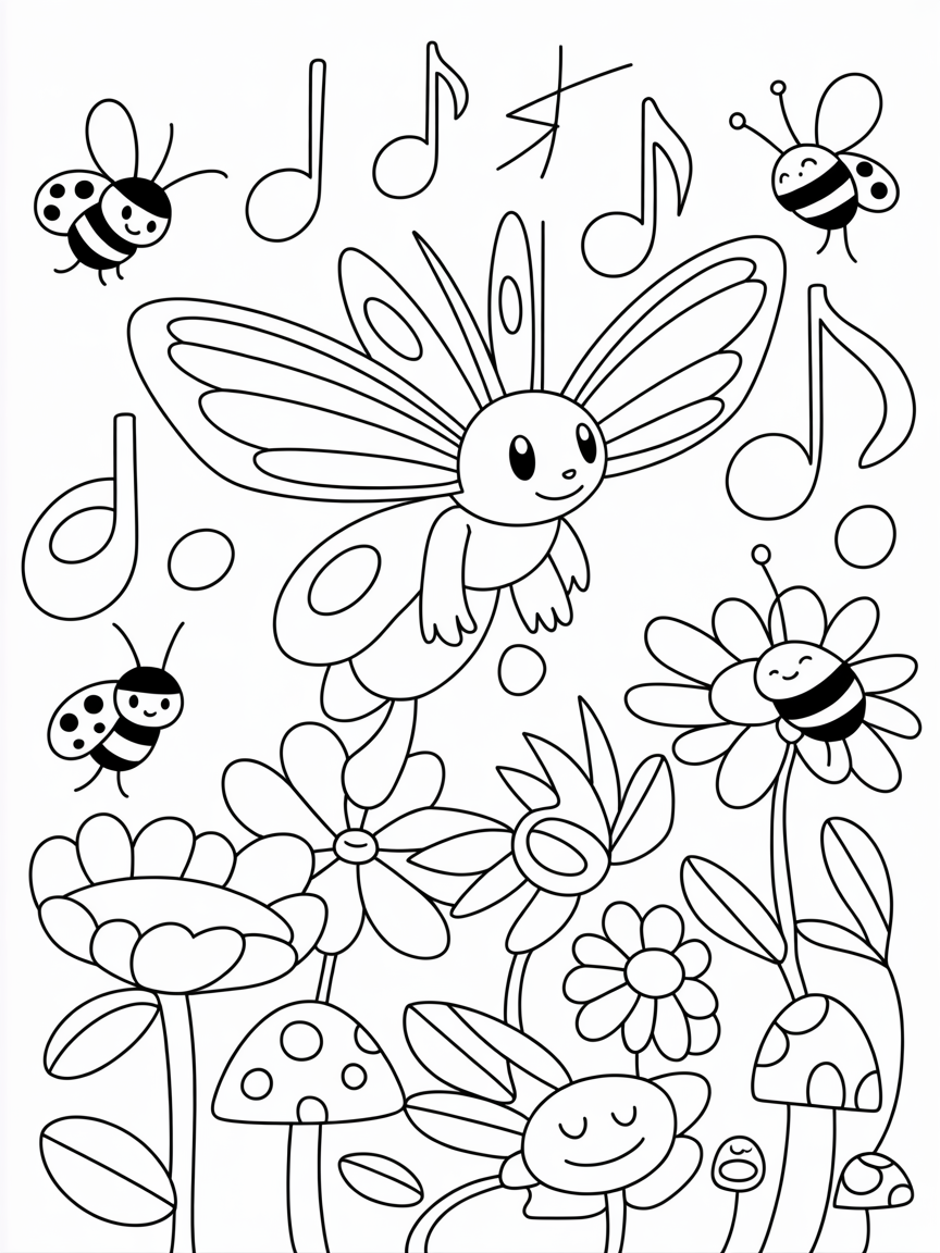 Butterfree guiding a colorful garden symphony - Free Coloring Page