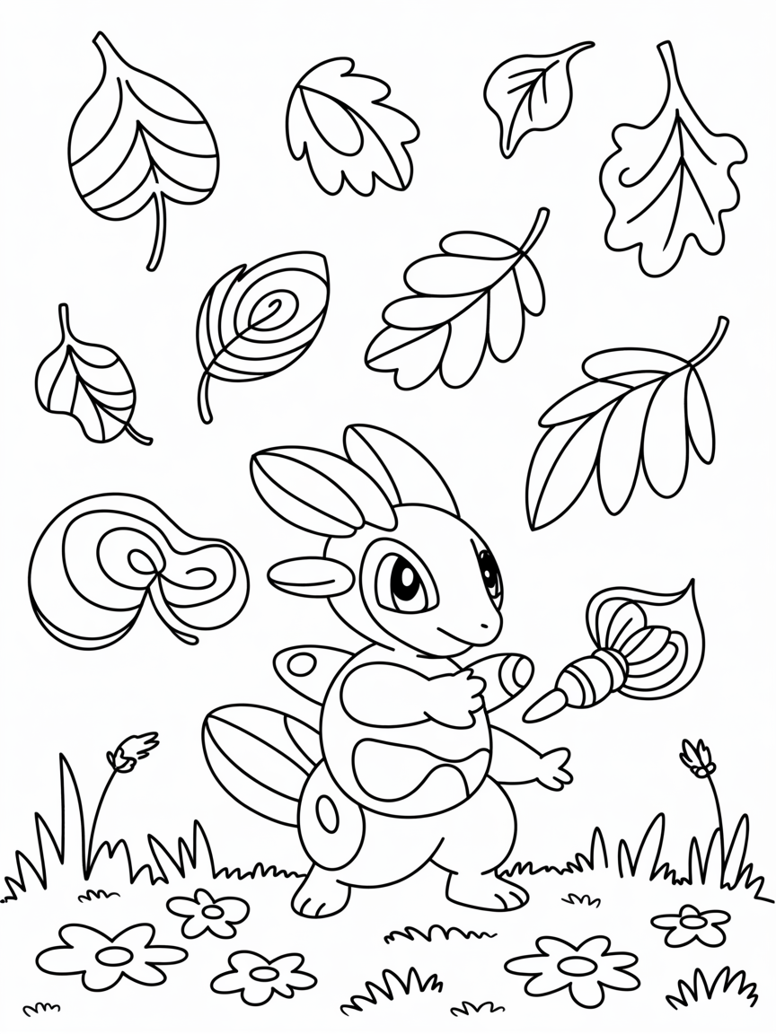 Weedle painting leaves with patterns of the wind - Free Coloring Page