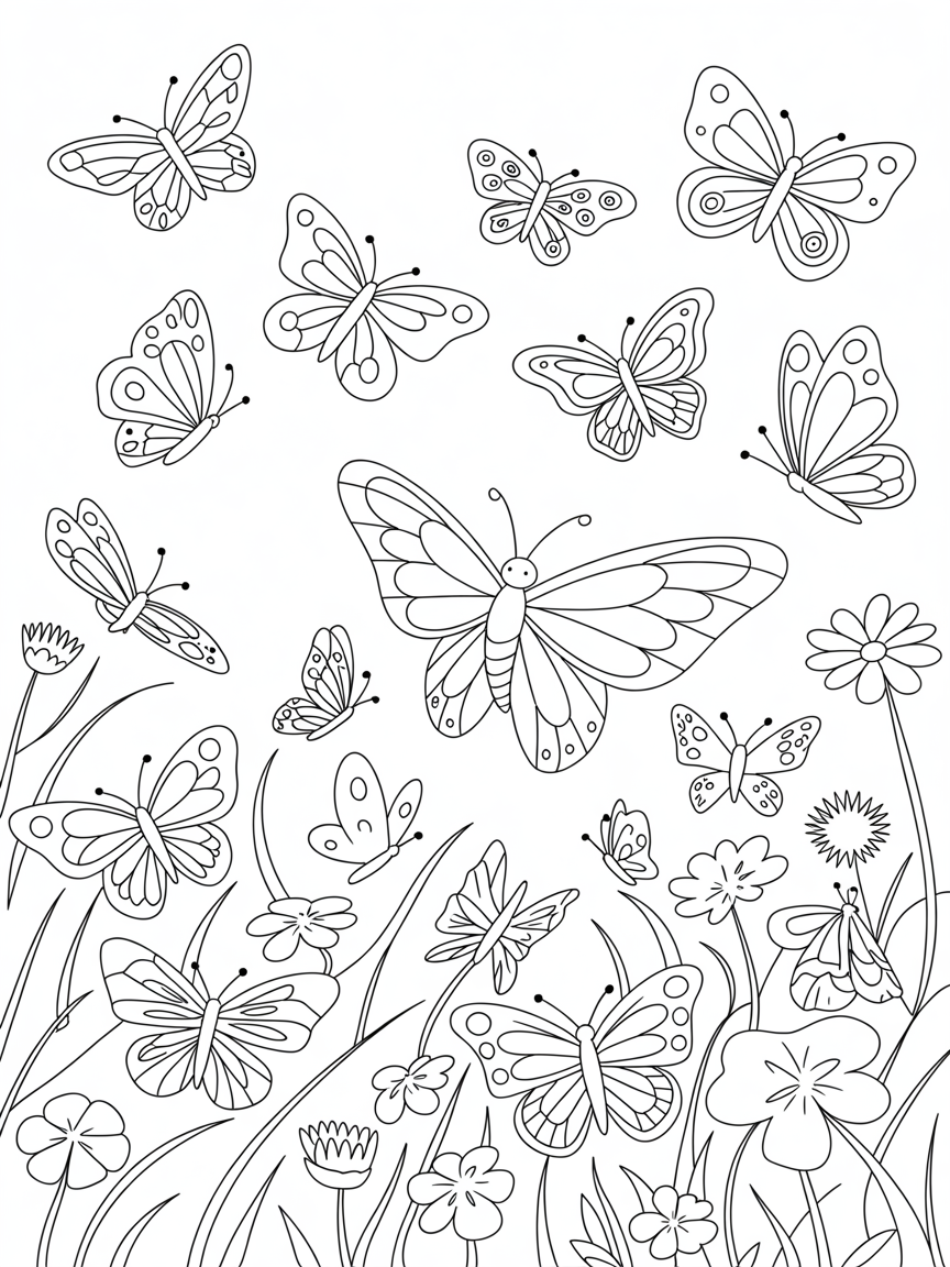 Butterfree leading a vibrant kaleidoscope of butterflies - Free Coloring Page