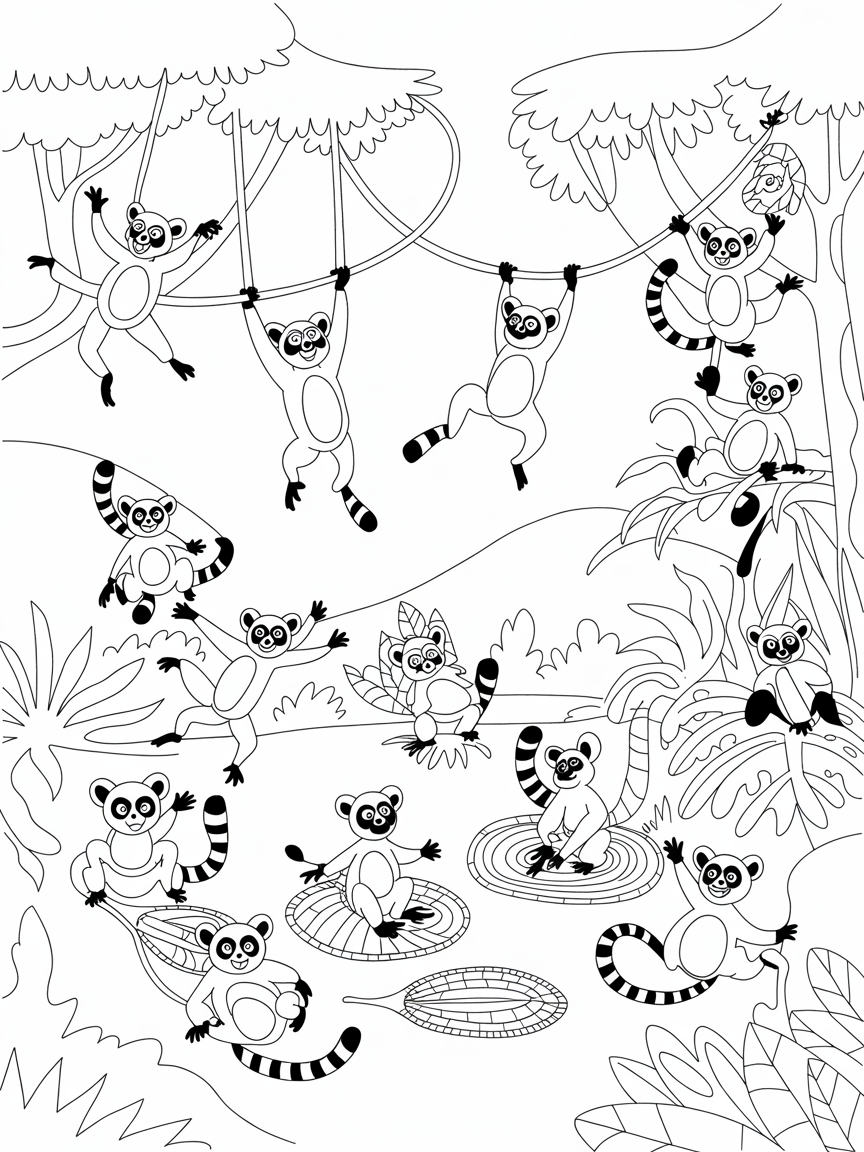 Lemurs hosting a high-flying acrobat show in the jungle - Free Coloring Page