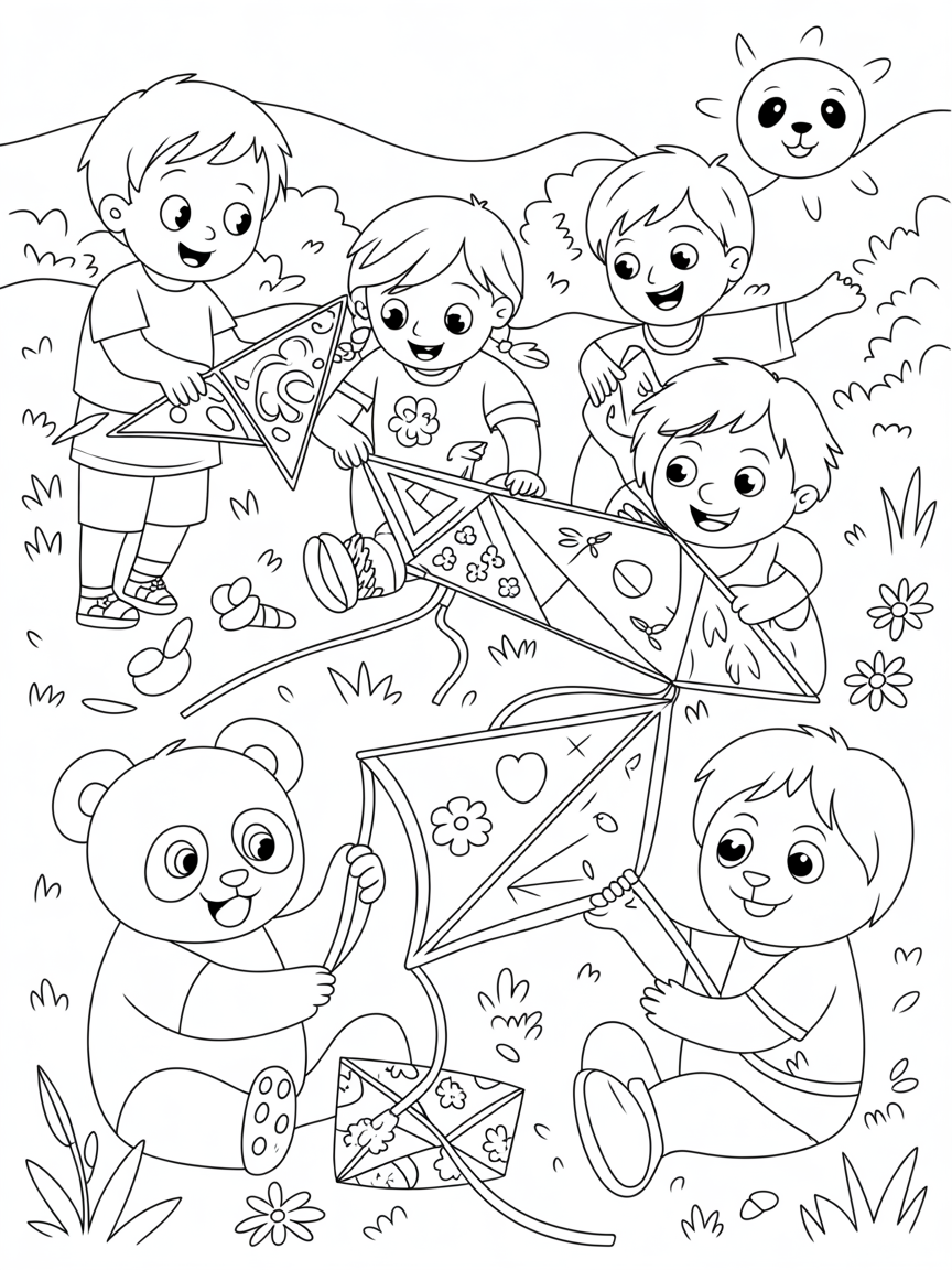 Children crafting colorful kites with panda pals - Free Coloring Page
