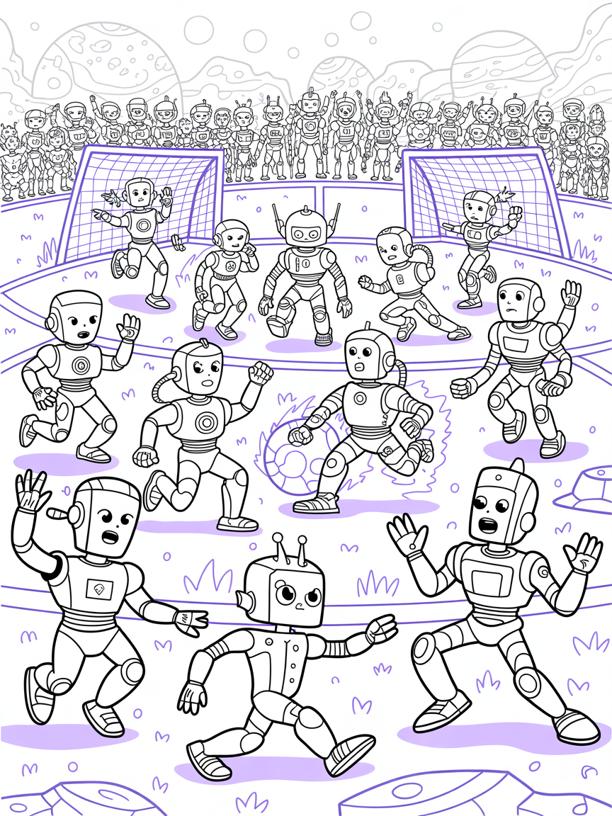 Robots in a sci-fi soccer tournament on an alien planet - Free Coloring Page