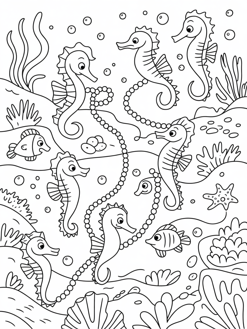 Seahorses stringing pearls across an underwater playground - Free Coloring Page