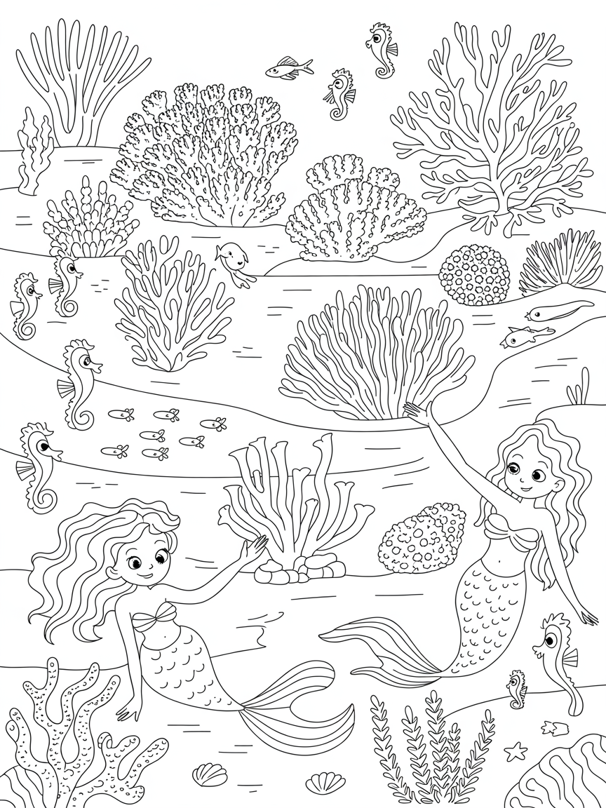 Mermaids designing a garden of rainbow corals - Free Coloring Page