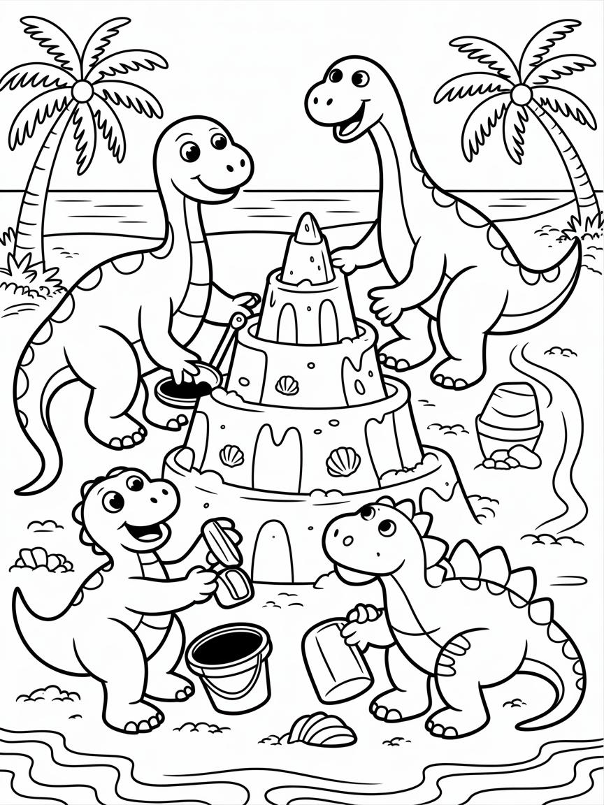 Dinosaurs building a sandcastle on a tropical beach - Free Coloring Page