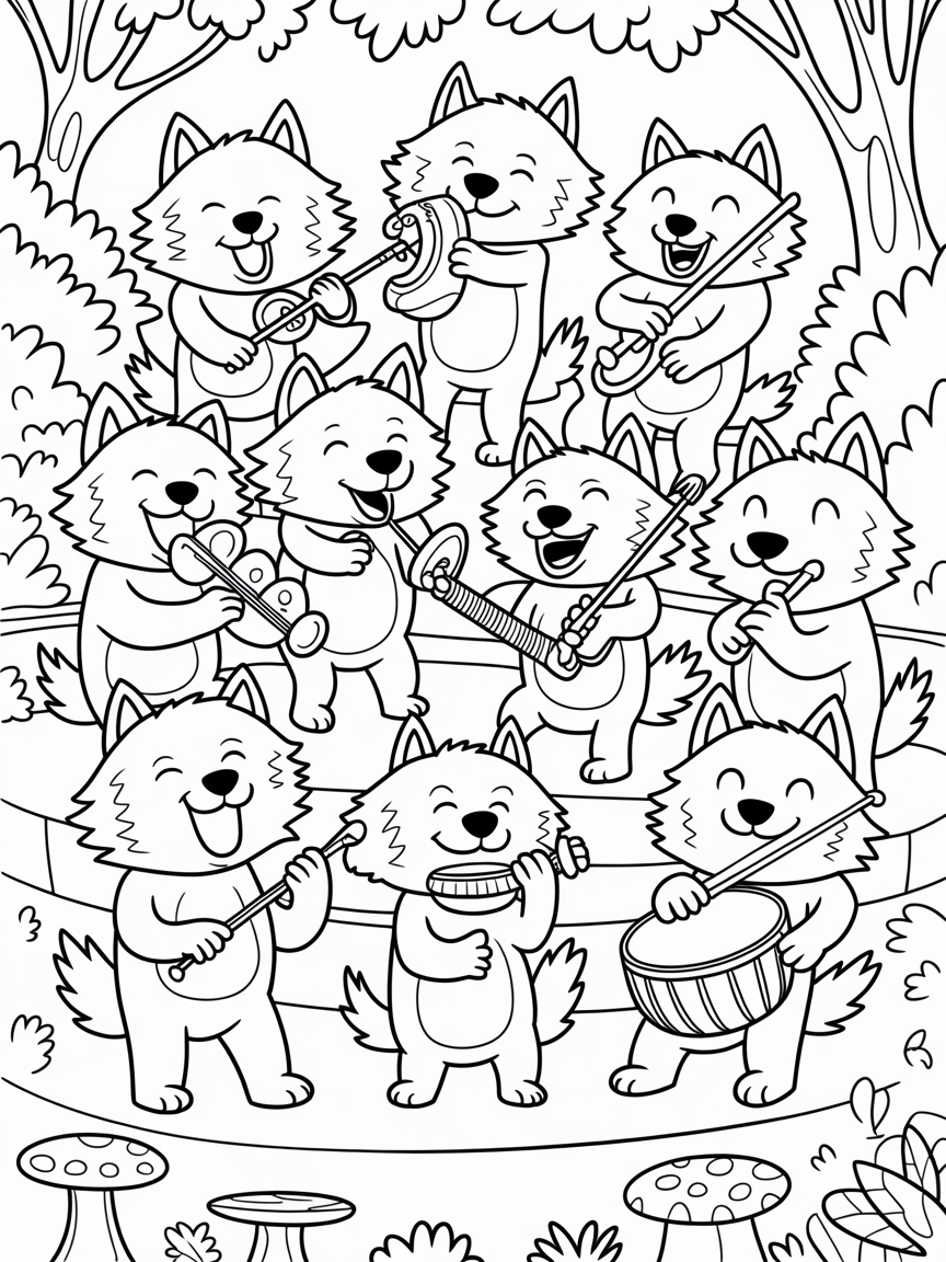 Wolves playing instruments in a woodland orchestra - Free Coloring Page