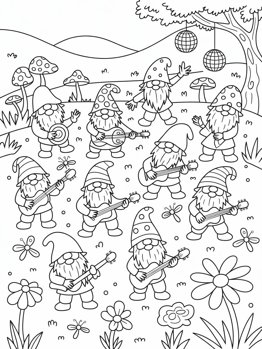 Garden gnomes having a disco party with fireflies - Free Coloring Page