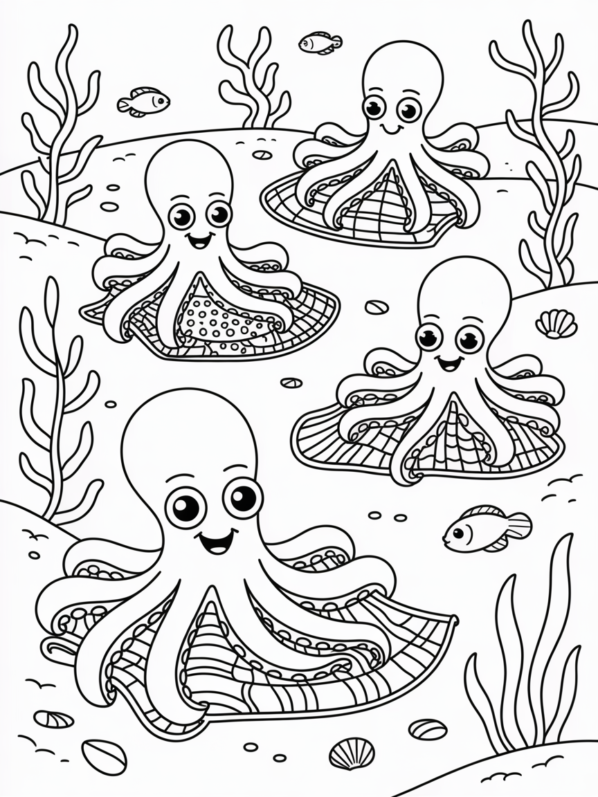 Octopuses knitting colorful sea blankets underwater - Free Coloring Page