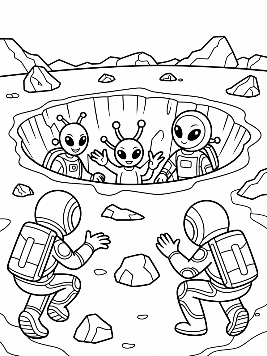 Space explorers discovering alien creatures in a crater - Free Coloring Page