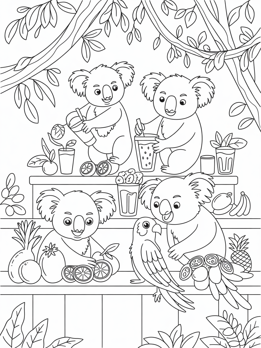 Koalas running a treetop juice bar with smoothies - Free Coloring Page