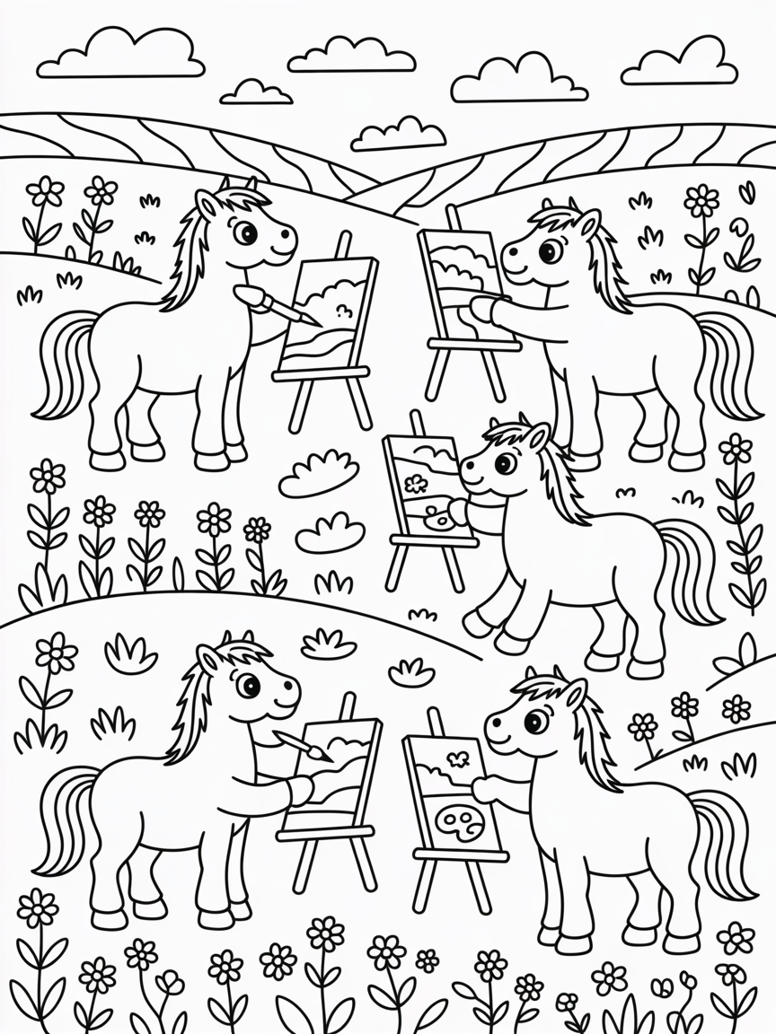 Horses painting landscapes in a wildflower meadow - Free Coloring Page
