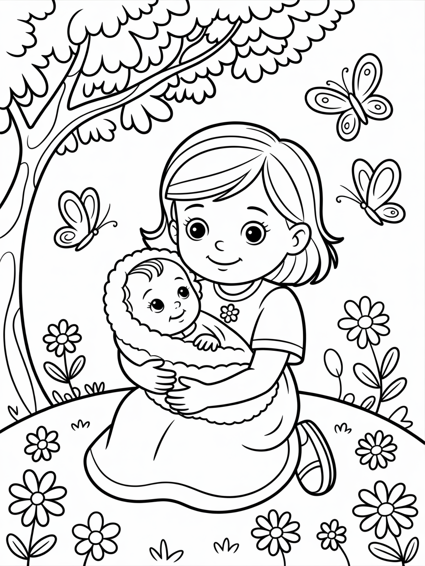 little girl with baby sister - Free Coloring Page