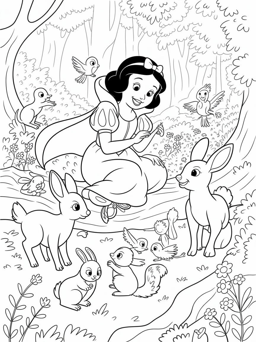 Snow White befriends forest animals in a glen - Free Coloring Page