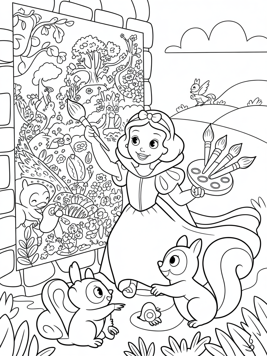 Snow White painting a vibrant mural with enchanted brushes - Free Coloring Page