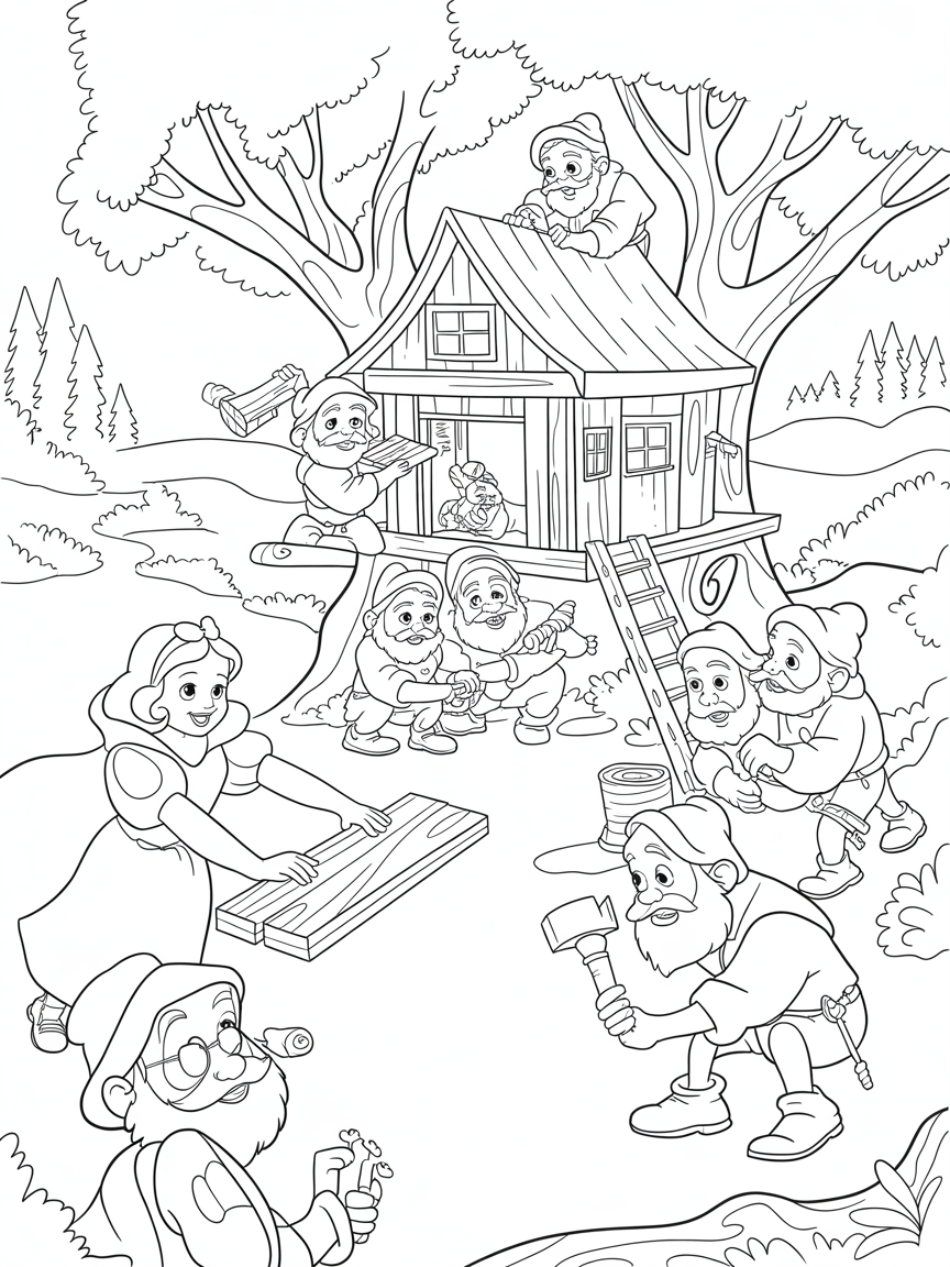 Snow White and dwarfs building a fairy-tale treehouse - Free Coloring Page