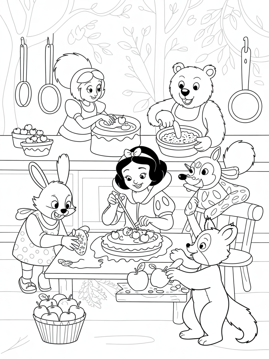 Snow White crafting enchanted apple desserts with friends - Free Coloring Page
