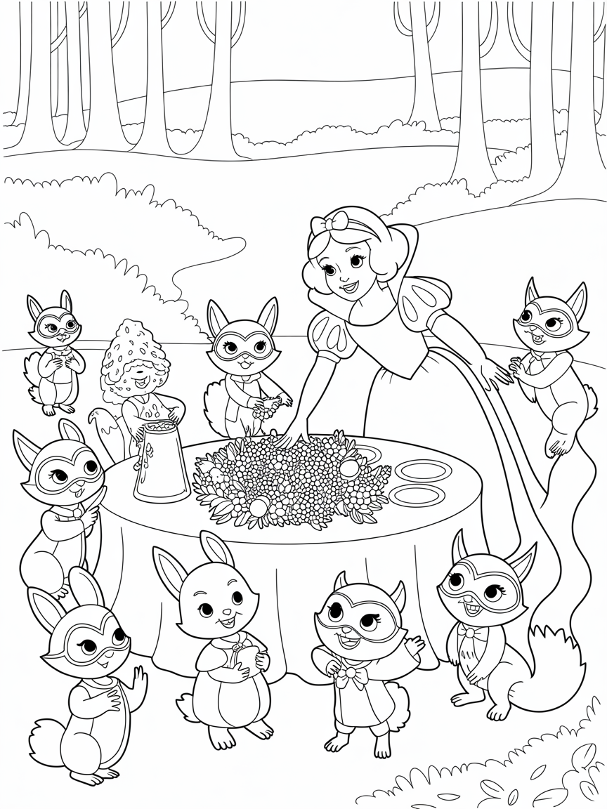 Snow White organizing a woodland masquerade ball - Free Coloring Page