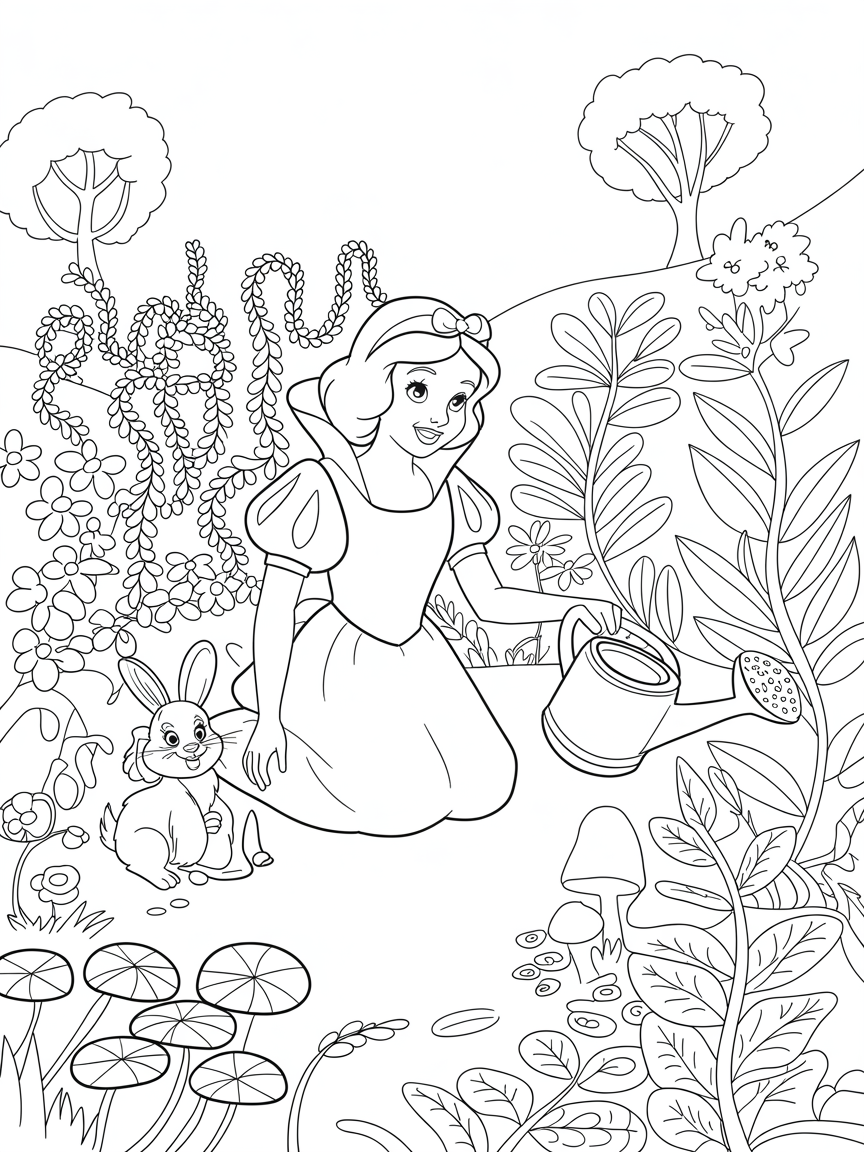 Snow White tending a lush, magical herb garden - Free Coloring Page