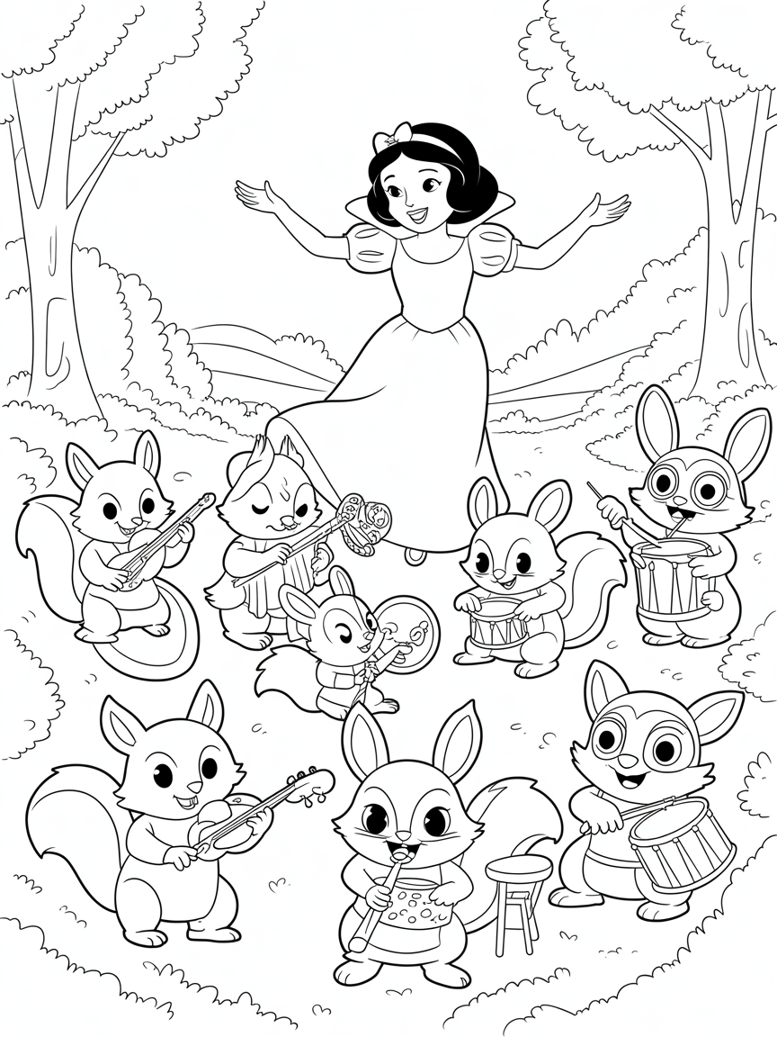 Snow White conducting a woodland animal orchestra - Free Coloring Page