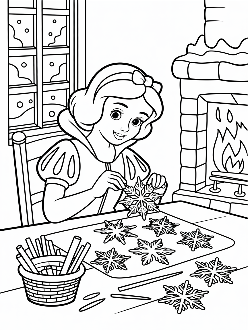 Snow White crafting enchanted snowflake decorations - Free Coloring Page