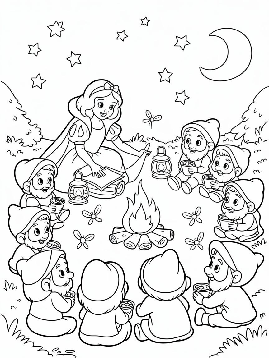 Snow White organizing a magical starlit storytelling night - Free Coloring Page