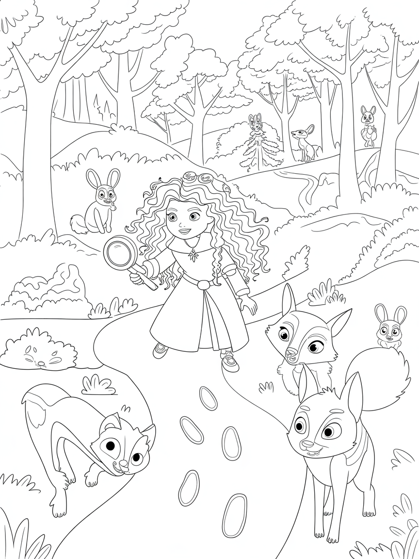 Merida leading a wildlife tracking adventure in a forest - Free Coloring Page