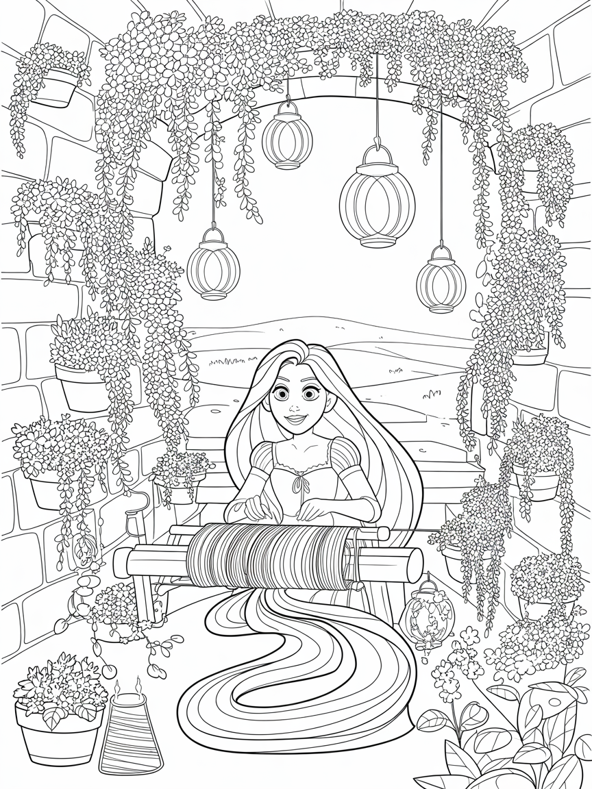Rapunzel weaving magical lanterns in a tower garden - Free Coloring Page