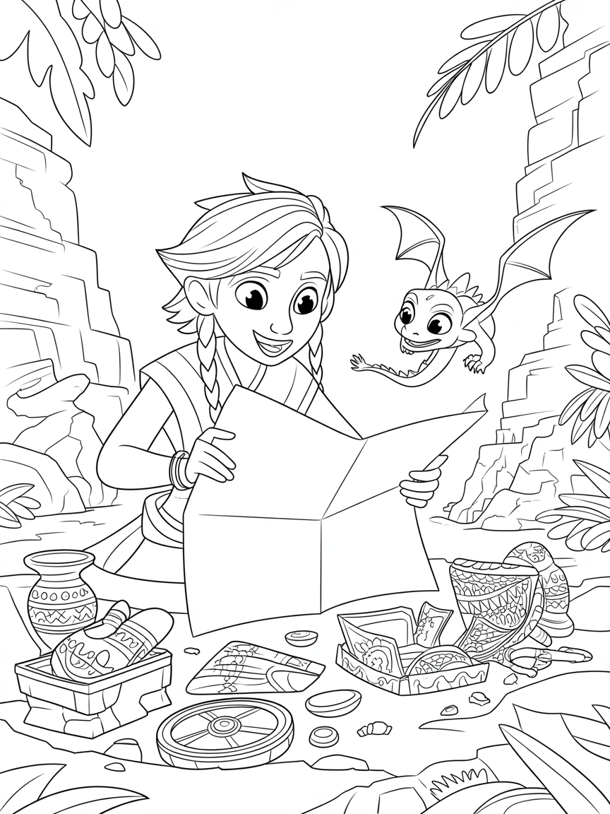 Raya organizing an ancient artifact treasure hunt - Free Coloring Page