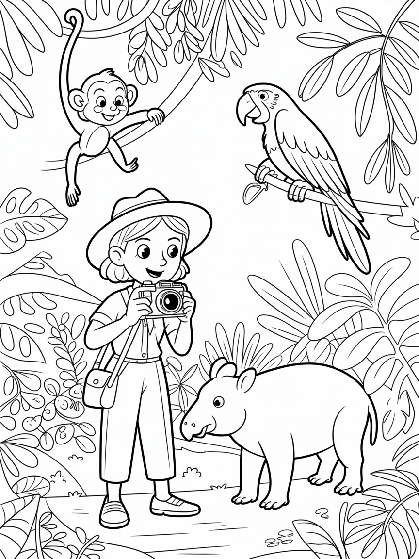 Jane Porter documenting jungle wildlife with her camera - Free Coloring Page