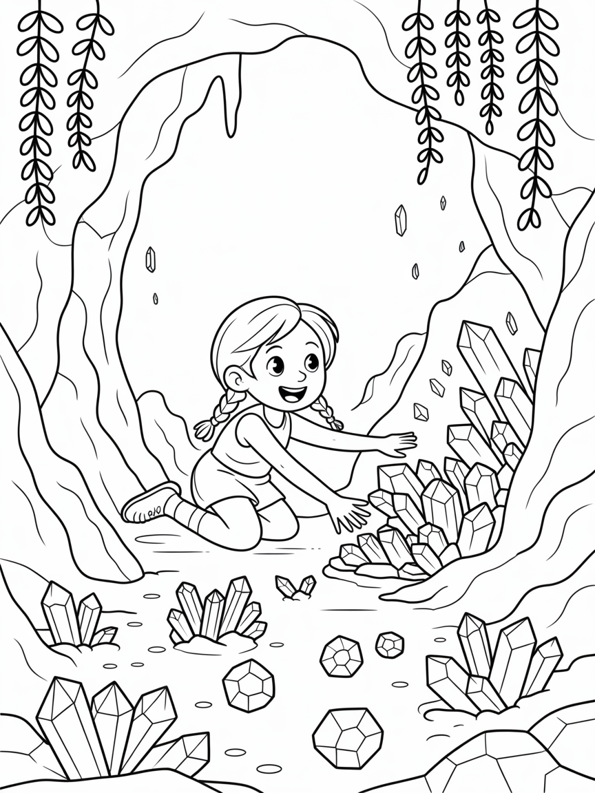 Asha discovering sparkling crystals in a hidden cave - Free Coloring Page