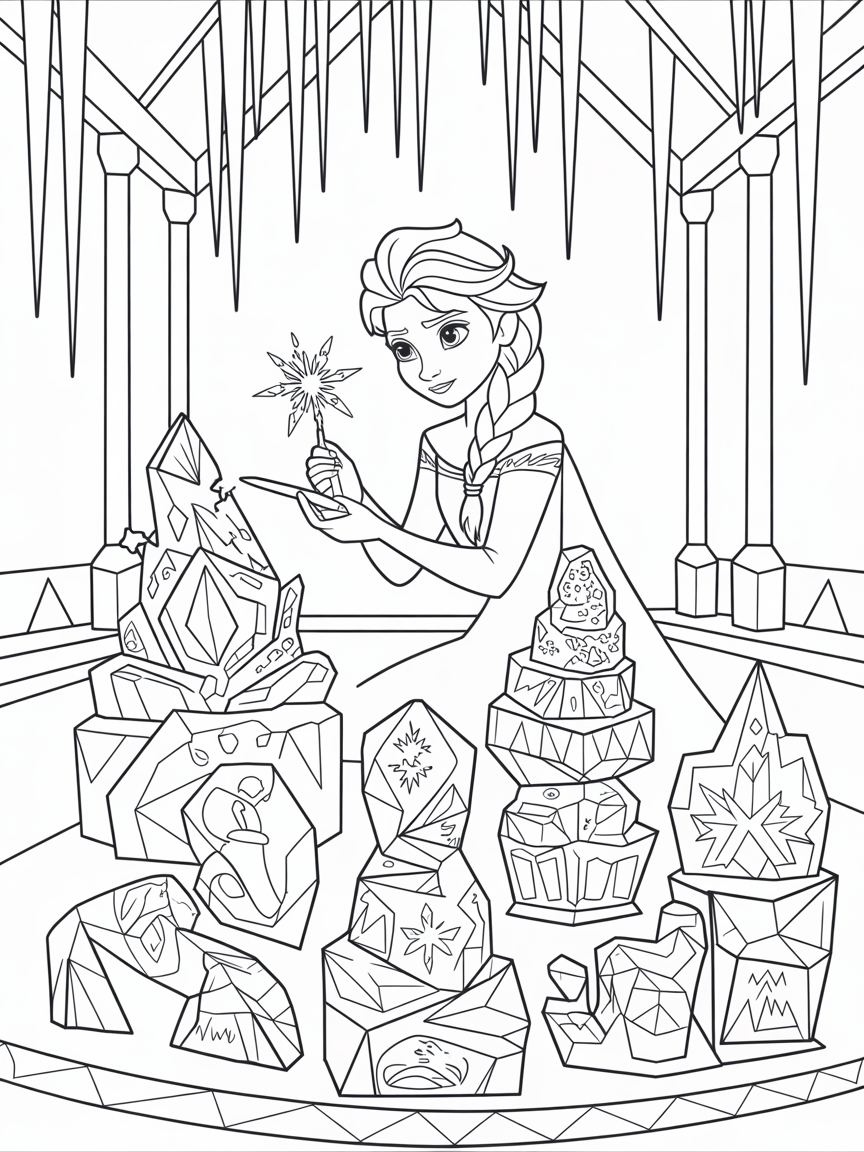 Elsa crafting intricate ice sculptures for an art exhibit - Free Coloring Page