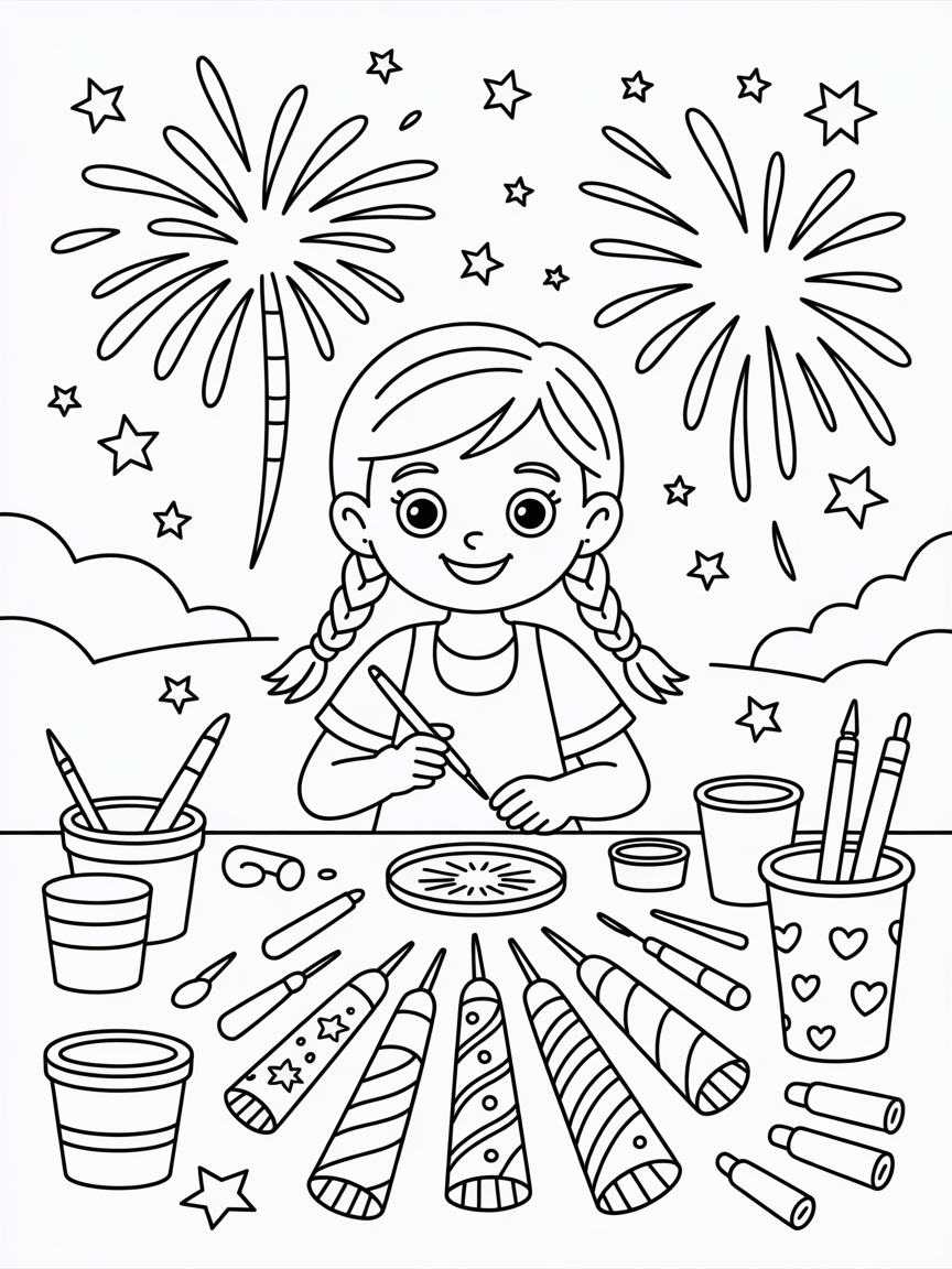 Esméralda crafting fireworks for a festival under the stars - Free Coloring Page