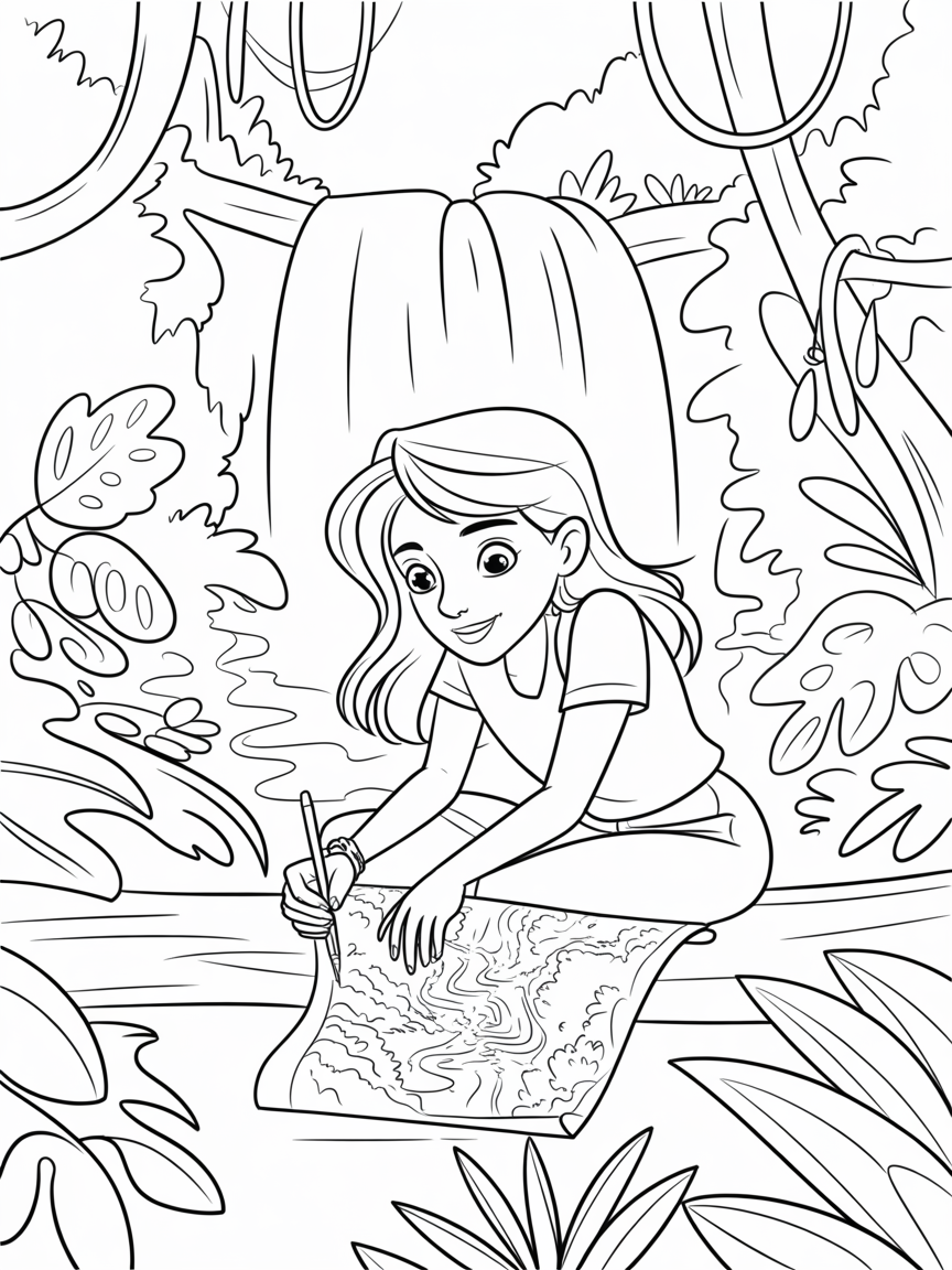 Jane Porter drawing a map of a hidden waterfalls in the jungle - Free Coloring Page