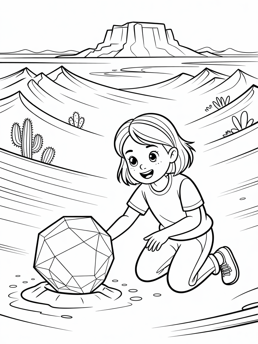 Asha uncovering a magical prism in an ancient desert - Free Coloring Page