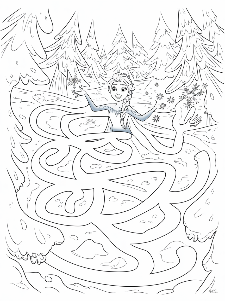 Elsa creating a dazzling snow maze in an icy forest - Free Coloring Page