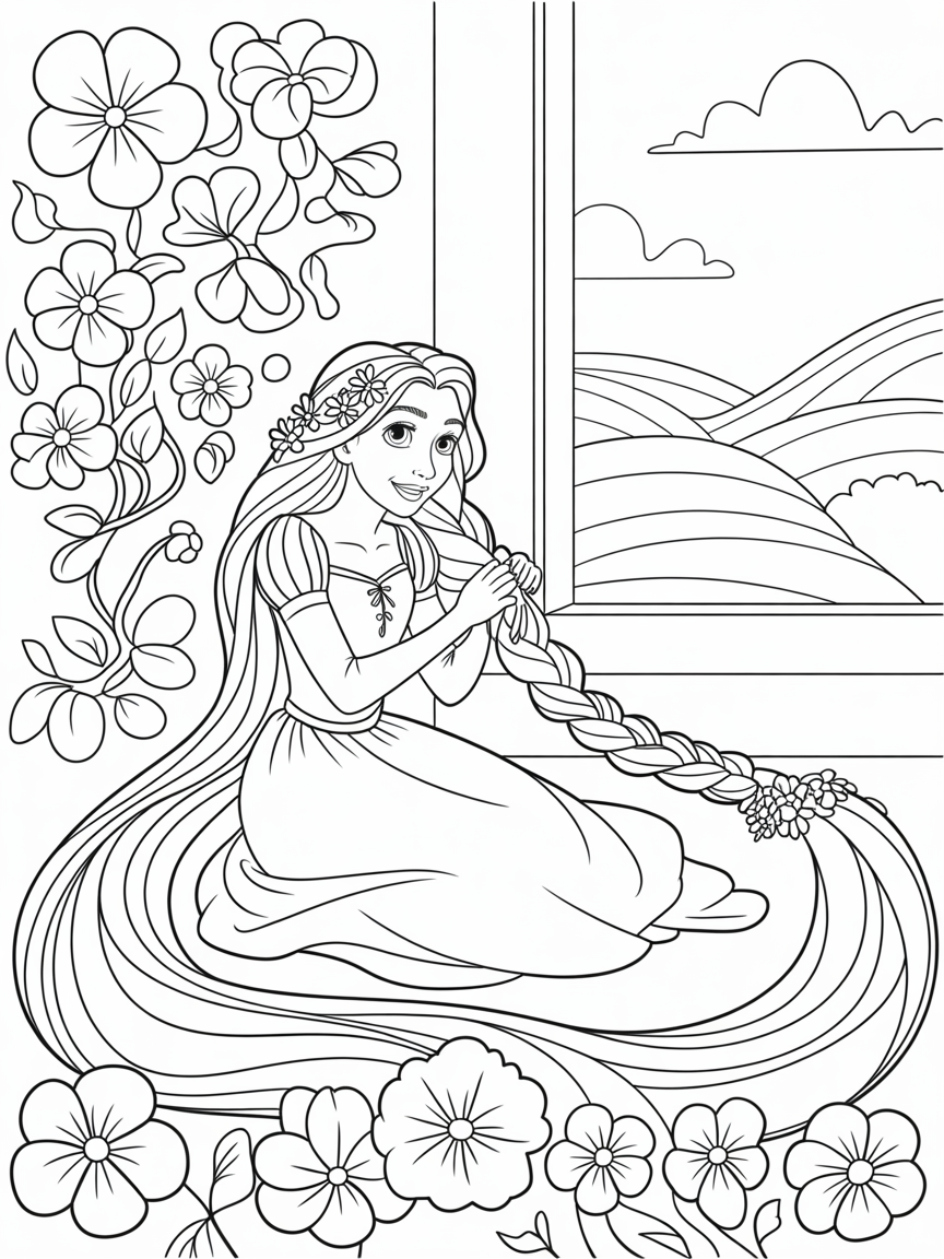Rapunzel braiding hair with enchanted flowers - Free Coloring Page