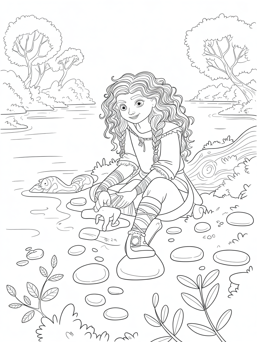 Merida sculpting animal figures from river stones - Free Coloring Page