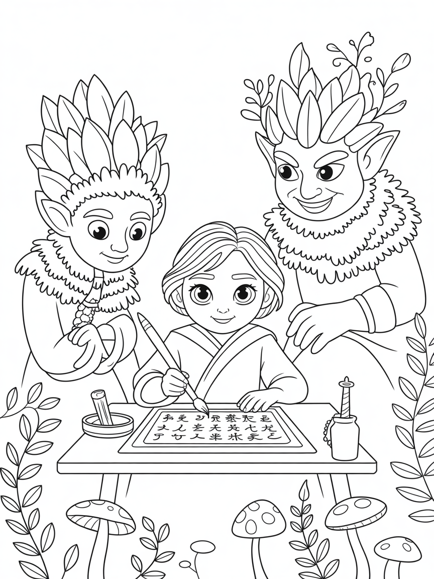 Raya learning ancient calligraphy from forest spirits - Free Coloring Page