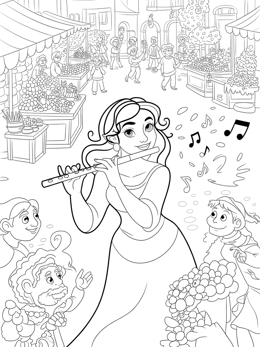 Esmeralda enchanting a market square with magical melodies - Free Coloring Page