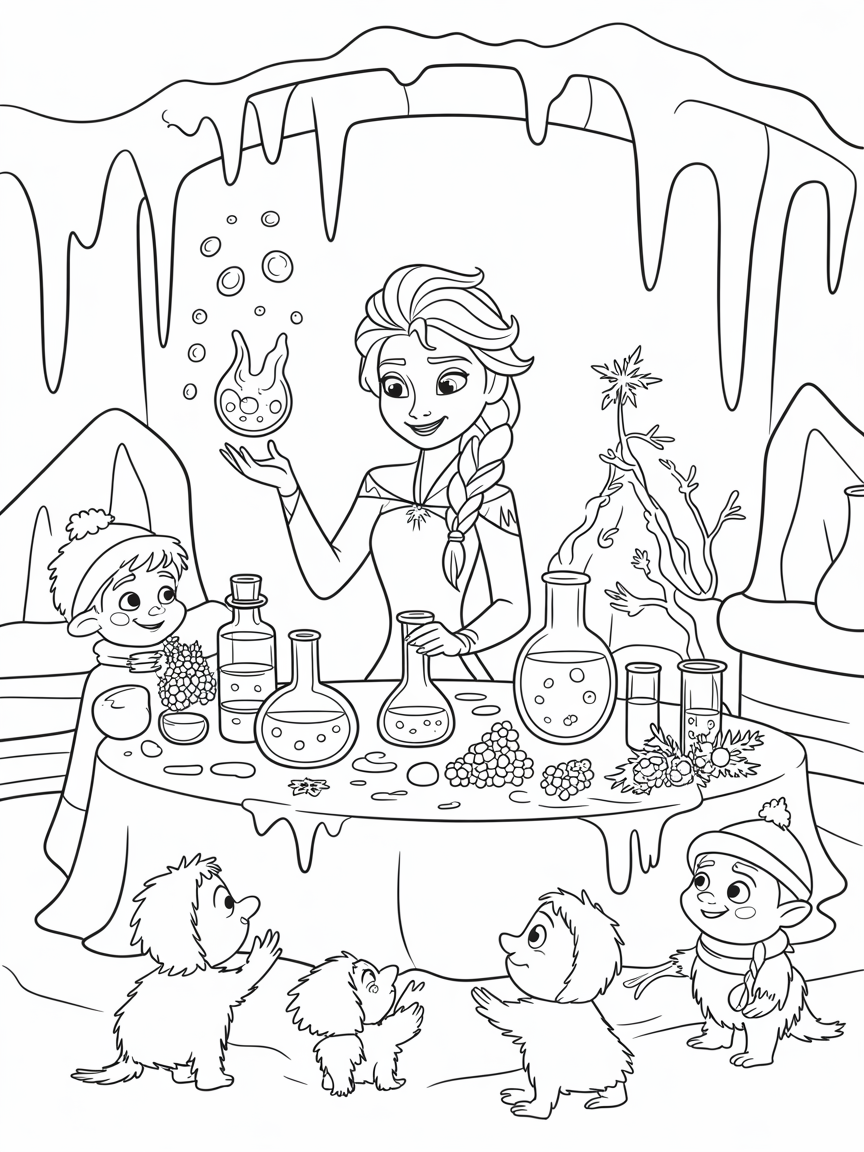 Elsa hosting a winter potion-making workshop - Free Coloring Page