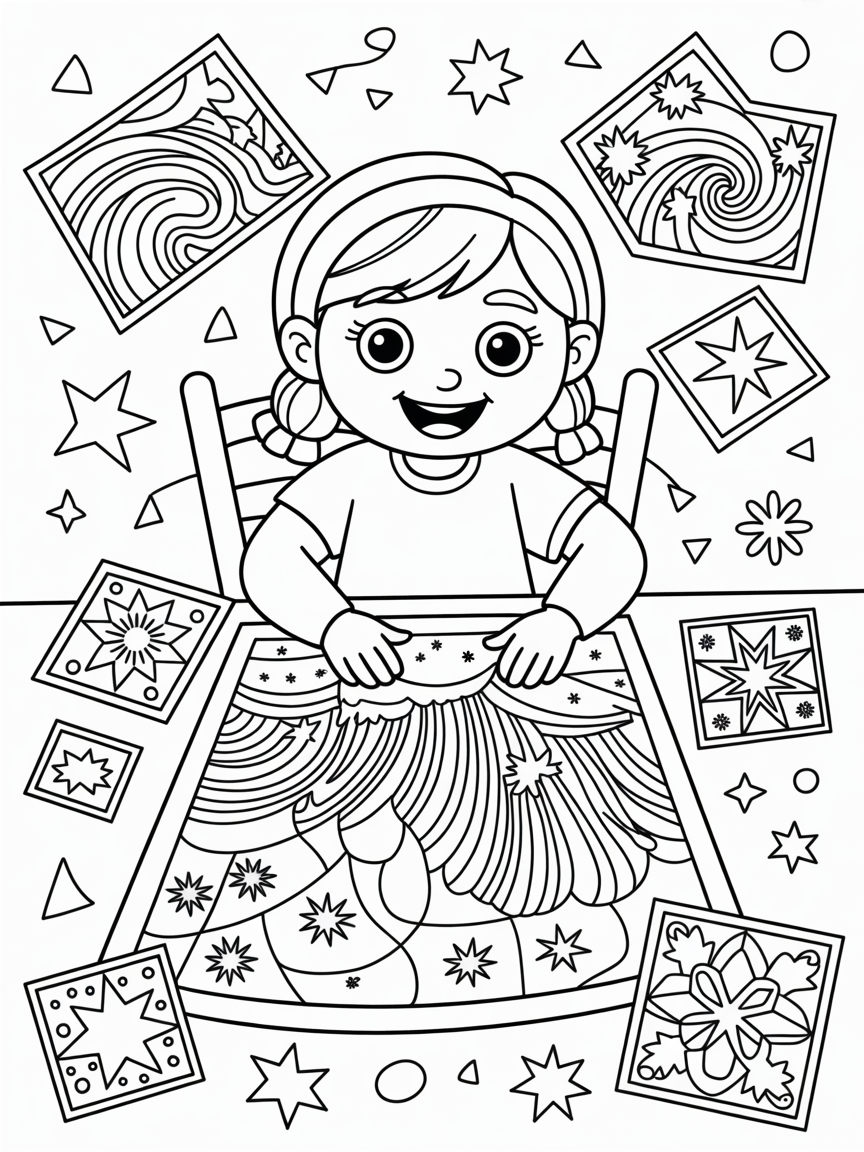 Anna creating a magical quilt of northern lights - Free Coloring Page