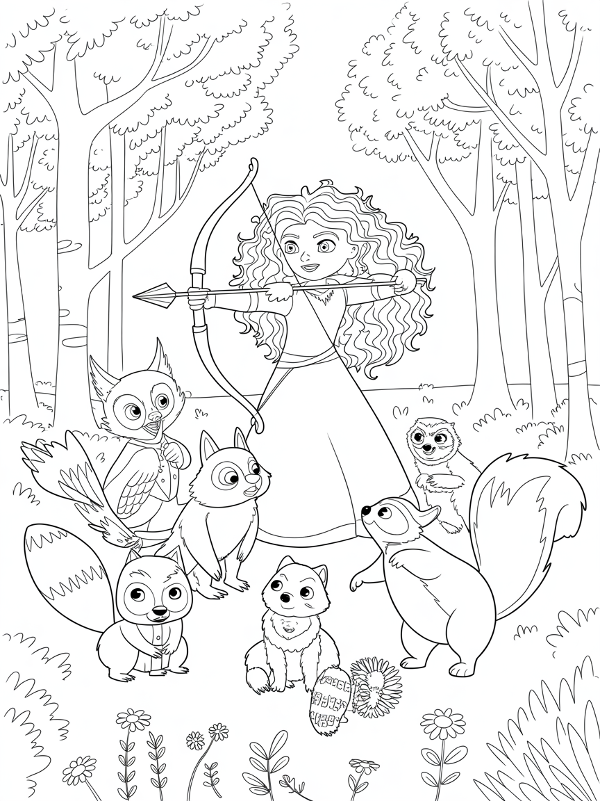Merida teaching archery to magical woodland creatures - Free Coloring Page
