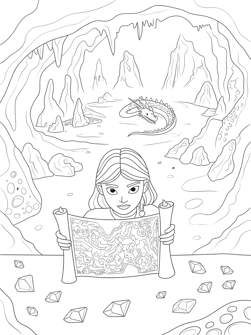 Raya deciphering an ancient map in a dragon's lair - Free Coloring Page