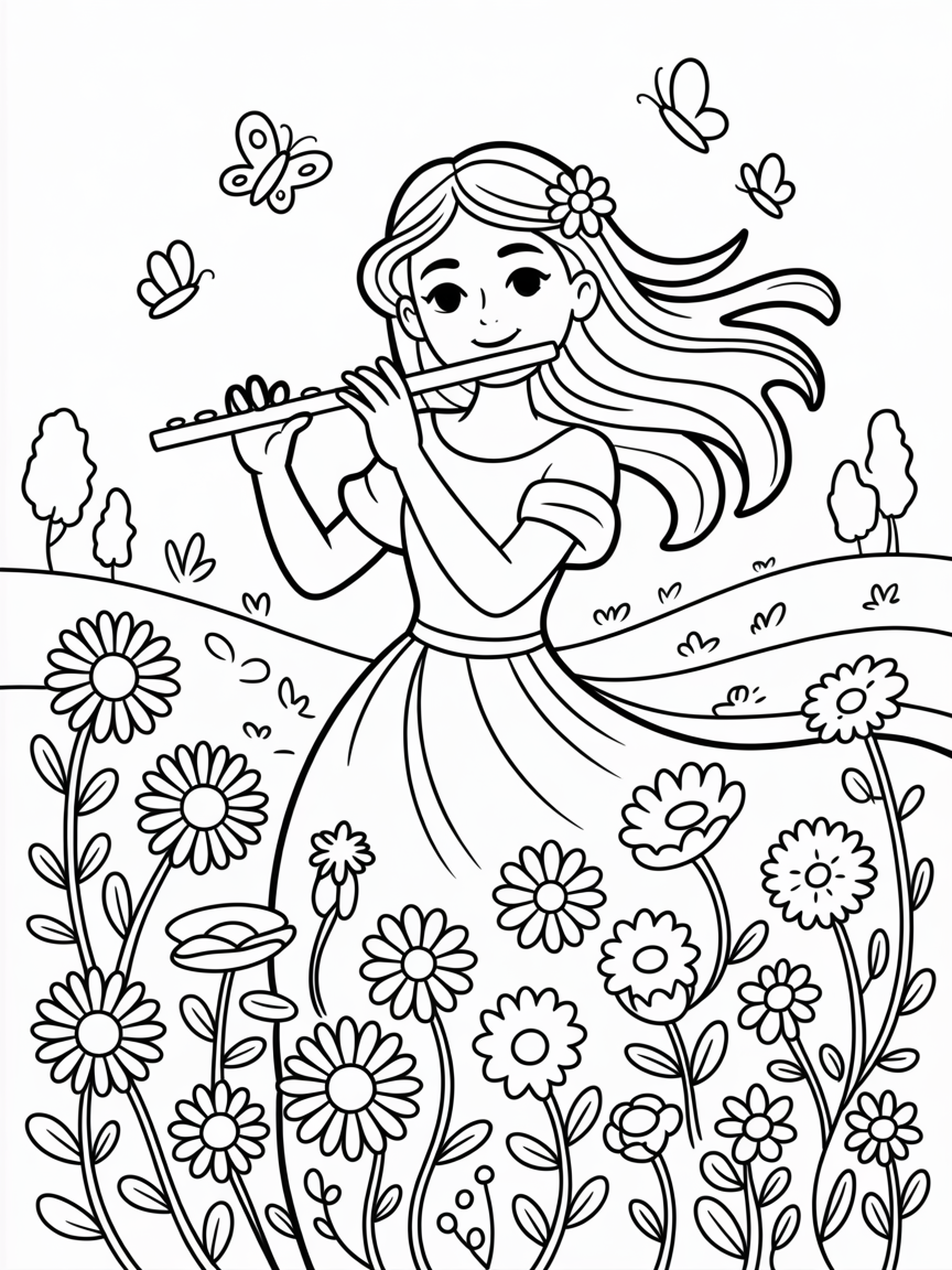 Esméralda enchanting a field of colorful wildflowers with music - Free Coloring Page