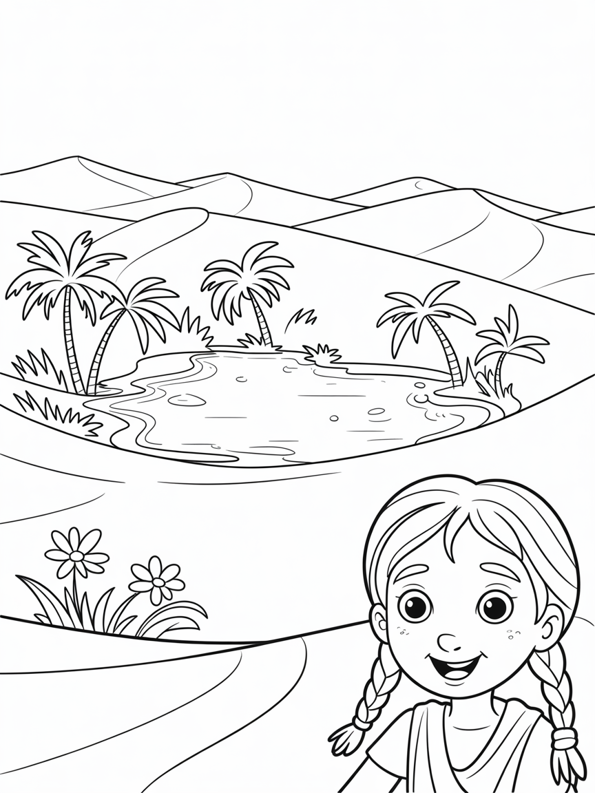 Asha discovering a secret oasis in the desert dunes - Free Coloring Page
