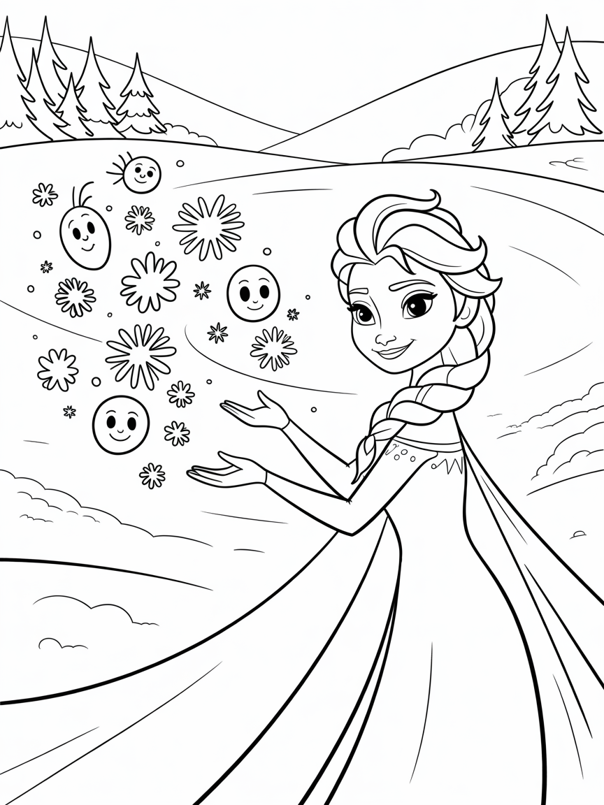 Elsa conducting an orchestra of singing snowflakes - Free Coloring Page