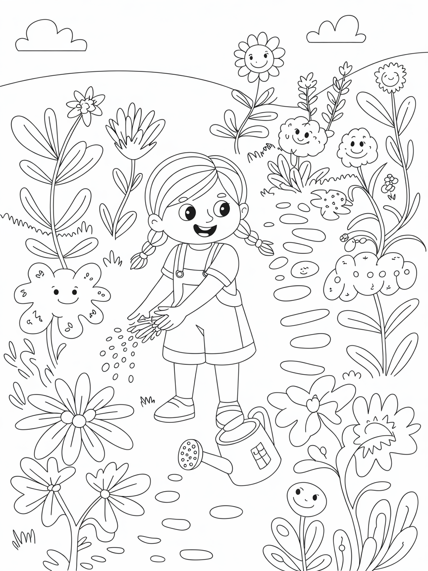 Anna planting a whimsical garden with enchanted seeds - Free Coloring Page