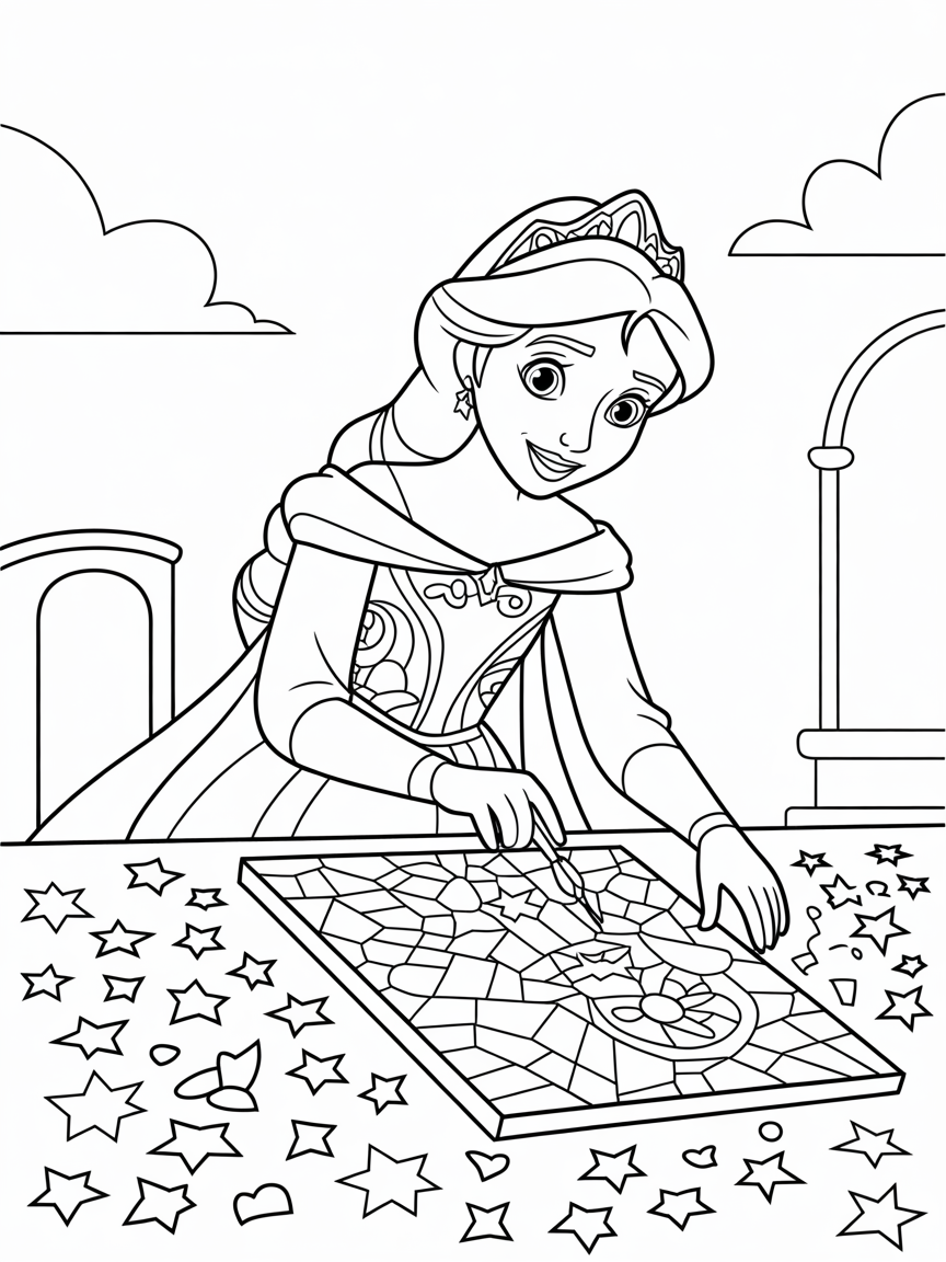 Princess Elena crafting a magical mosaic with shining stars - Free Coloring Page