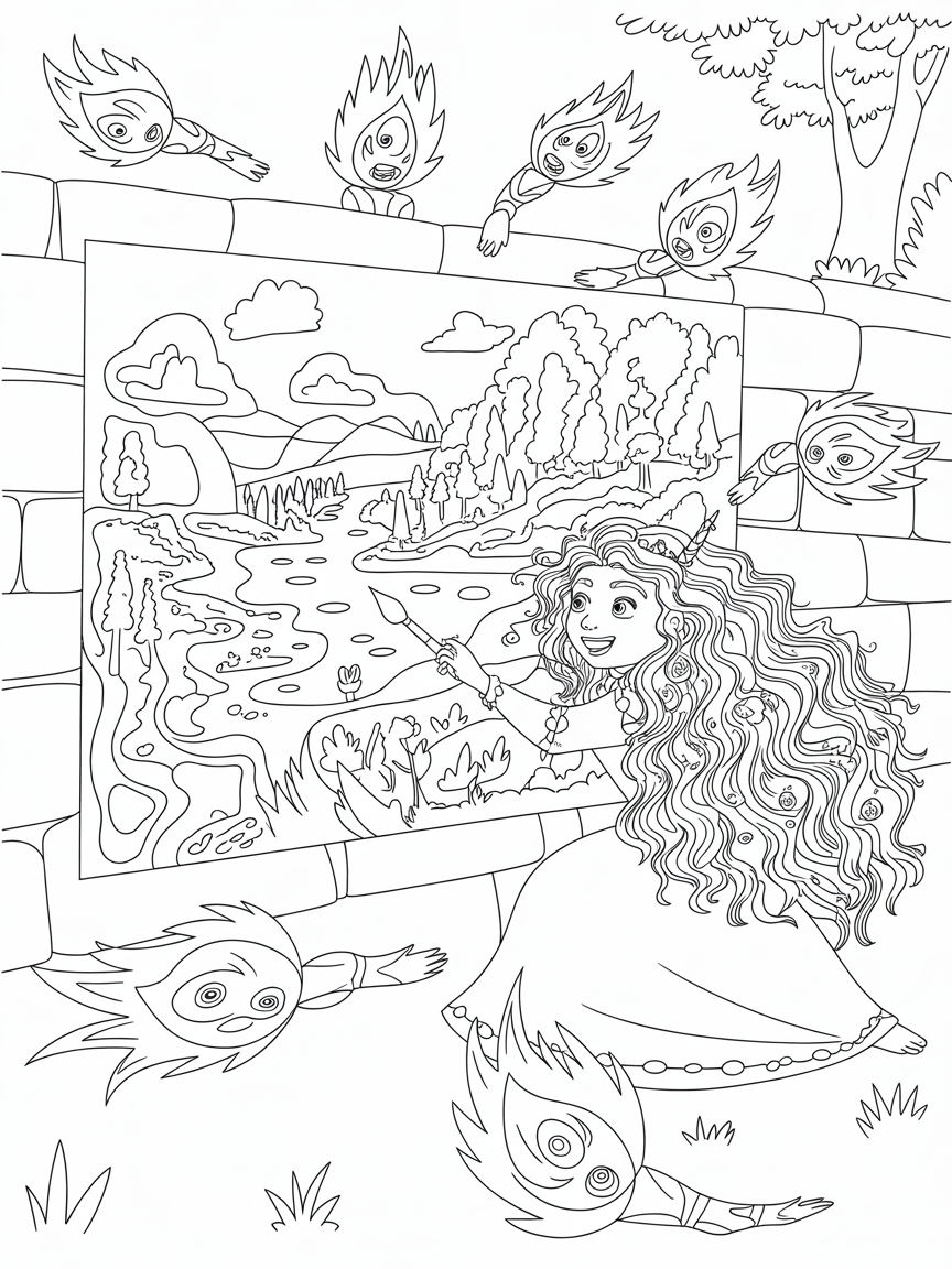 Merida painting vibrant murals with fire sprites - Free Coloring Page